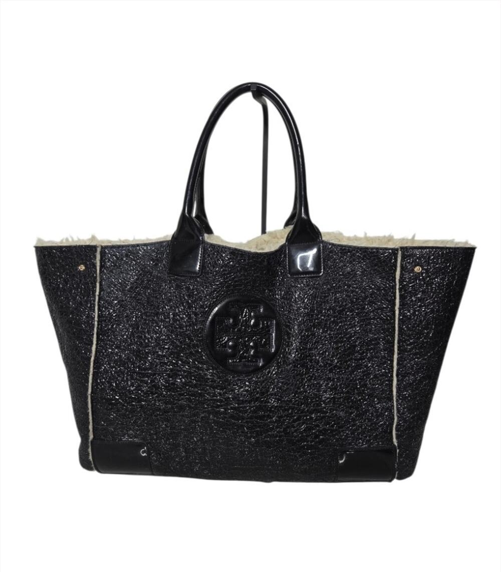 Tory Burch Black Shearling Tote Patent Leather Logo Large Shoulder Bag